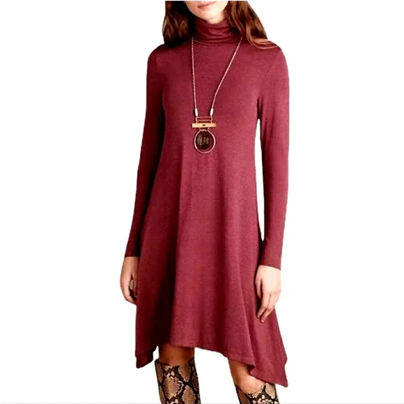 Anthropologie | Dresses | Maeve Small Asymmetric Turtleneck Dress Jersey  Knit Burgundy Red S Anthropologie | Poshmark